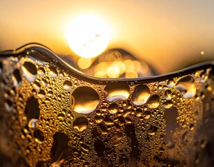 Close-up of fresh water droplets and condensation on glass with warm sunset bokeh background