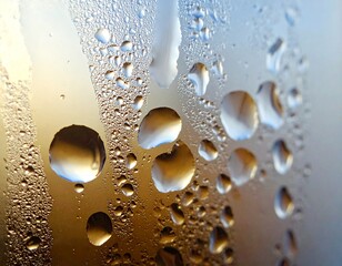Close-up of fresh water droplets and condensation on glass with warm sunset bokeh background