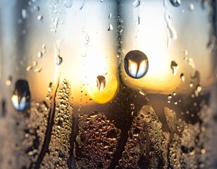 Close-up of fresh water droplets and condensation on glass with warm sunset bokeh background