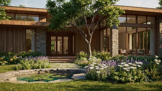 Luxurious contemporary home exterior featuring natural wood siding stonework and vibrant garden landscaping with a tranquil pond reflection