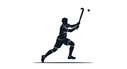 Obraz premium Male athlete playing field hockey, hitting ball with stick on isolated white background, silhouette illustration