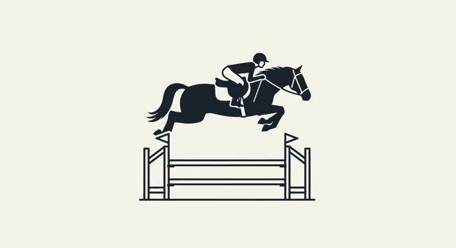 Equestrian and horse jumping over obstacle on isolated white background, horse riding illustration