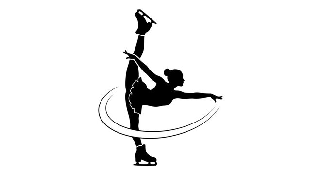 Female figure skater performing elegant spin on ice on isolated white background, artistic silhouette illustration