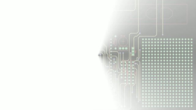 Video animation with printed circuit board of electronic 
device with pcb components of radio elements, 
conductors, contact pads. Engineering technical educational drawing. Animated motion effect.