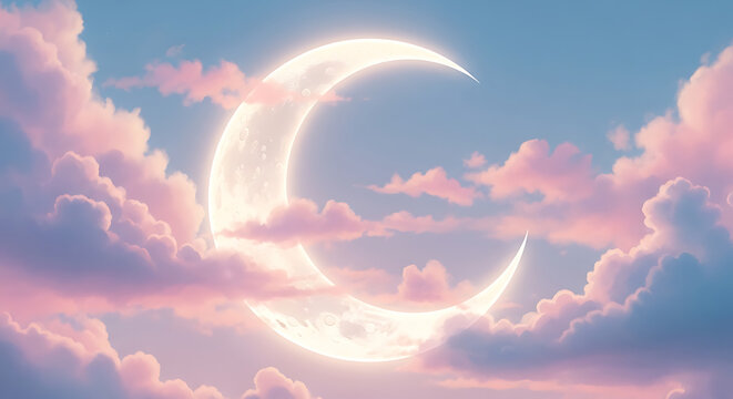 Luminous crescent moon glowing amidst soft pink and blue clouds at dusk or dawn