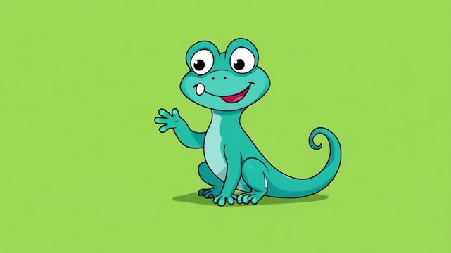 Cartoon Lizard Character Waving on Green Background.
