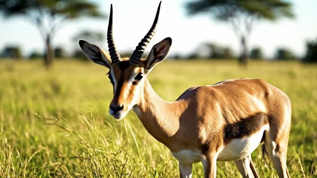 Tan impala antelope standing in green grassy field with trees