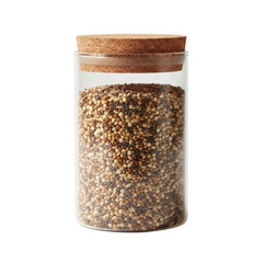 [TRANSPARENT BACKGROUND / ISOLATED] Glass jar filled with mixed seeds and grains with cork lid