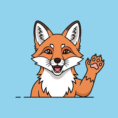 Obraz premium Friendly cartoon fox with orange fur and white markings waving hello with a happy expression on a light blue background.