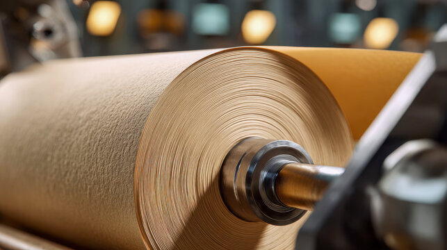 Large rolled paper spool on industrial machine in factory producing cardboard sheets with blurred background and warm lighting ambiance
