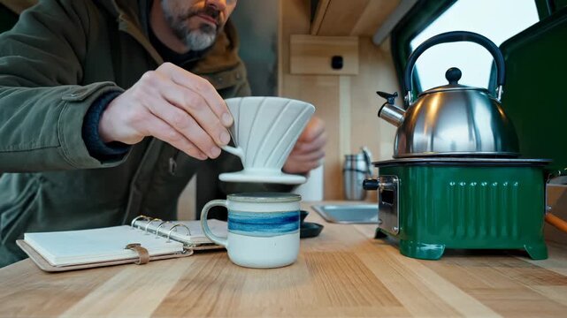 Man makes pourover coffee in camper van kitchen with kettle. Person brews coffee using dripper and mug. Man prepares morning coffee in van. Camper kitchen with coffee brewing. Van life ritual.