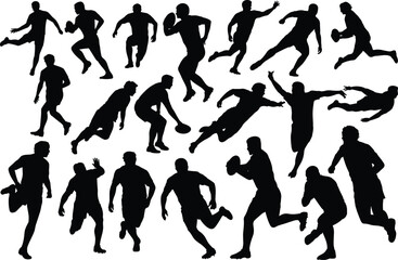 Rugby player silhouettes set showing dynamic actions, running, tackling, passing ball, sports competition, athletic teamwork, isolated vector illustration design icon