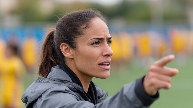 soccer match coaching, a latina woman soccer coach energetically directs her team from the sidelines with a backdrop of blurred players and the opposing teams bench
