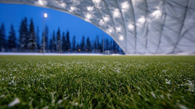 finnish indoor soccer scene, a brightly-lit indoor soccer dome in finland bustles with players, providing refuge from the dark winter evening outside