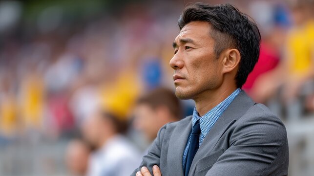 sports management, intensely observing the match, an asian male soccer manager stands on the touchline with arms crossed, focused the background shows a blurred match and crowd