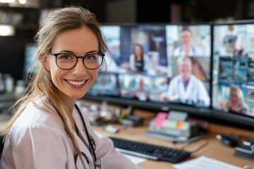 Fototapeta premium Smiling Female Doctor in a High-Tech Office for Telemedicine