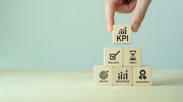 Hand placing wooden KPI block on business strategy stack with growth, performance, and analytics icons on light background