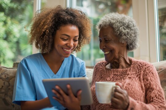 Nurse and Senior Woman Happily Using a Digital Tablet