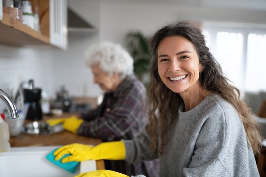 Smiling Caregiver Washes Dishes in a Bright Kitchen