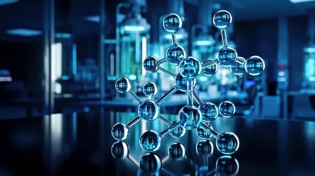 Glass molecular model reflecting on a laboratory table with a blurred high-tech medical research facility and bioreactors in the background using a cool blue sterile color grade.