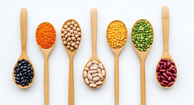 Variety of colorful legumes in wooden spoons on white