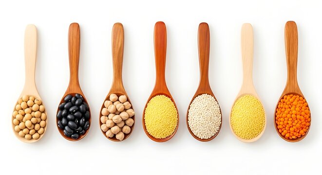 Variety of grains and legumes on wooden spoons arranged horizontally