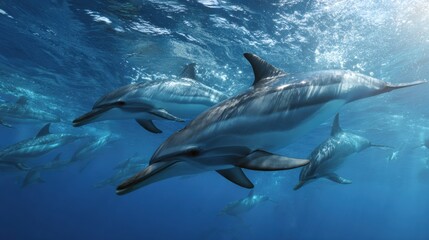 Dolphins Swim Together in Deep Ocean Showcasing Social Behavior and Intelligence While Exploring Their Underwater Environment