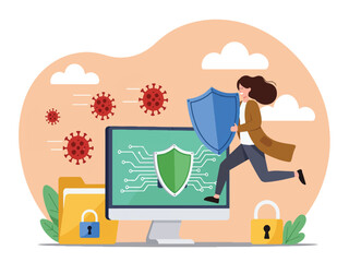 Fototapeta premium Woman protecting computer from viruses with shield and secure data on screen cybersecurity concept