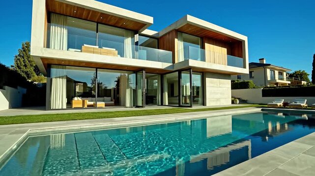 Modern duplex house with swimming pool in front exterior view.