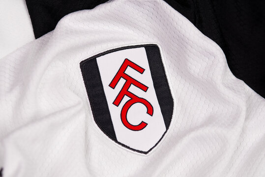Kyiv, Ukraine. February 10, 2026. Close-up of Fulham FC football club crest on a white and black jersey.