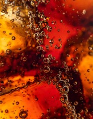 Macro shot of golden amber liquid with effervescent bubbles and fizzing carbonation