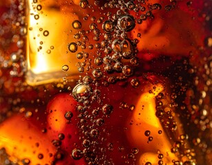 Macro shot of golden amber liquid with effervescent bubbles and fizzing carbonation