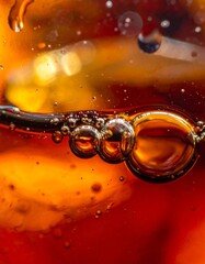 Macro shot of golden amber liquid with effervescent bubbles and fizzing carbonation