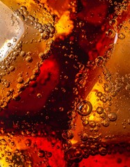 Macro shot of golden amber liquid with effervescent bubbles and fizzing carbonation