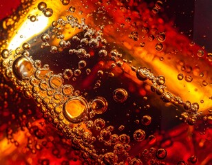 Macro shot of golden amber liquid with effervescent bubbles and fizzing carbonation