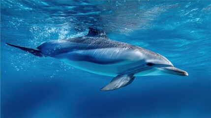 Fototapeta premium Dolphin Swims Across Clean Blue Water With a Strong Composition Suitable for Banners and Displays in Marine Environments