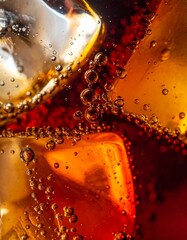 Macro shot of golden amber liquid with effervescent bubbles and fizzing carbonation