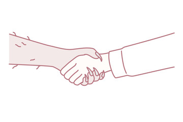 Handshake between man and devil symbolizes risky deal or dangerous business arrangement. Hand of human and demon is metaphor for bad contract or unethical way of managing company. Flat vector image