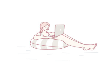 Young successful woman floats on air mattress in sea with laptop on lap in sunny tropical resort. Girl freelancer enjoys sunbathing and working with computer at same time. Flat vector illustration