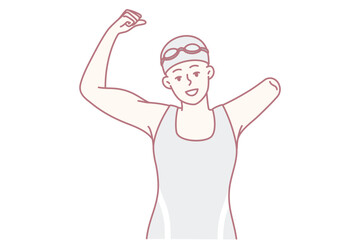 Woman swimmer with one arm demonstrates strength by raising fist and showing biceps as sign of victory in competition. Happy disabled girl dressed in swimsuit and swimming cap. Flat vector image