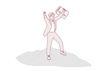 Confident man in business clothes is standing on mountain raising hands up joy of career success and getting new position. Young businessman owner of own company among clouds. Flat vector design