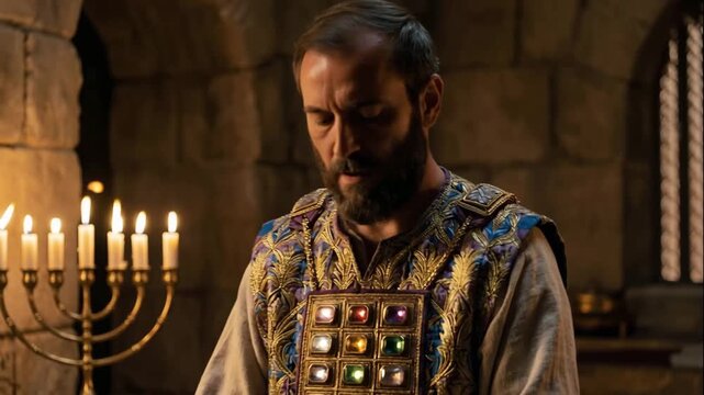 Biblical High Priest Aaron Wearing Ephod and Gemstone Breastplate Standing near Golden Menorah in the Holy Place