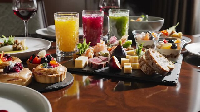 Luxurious Gourmet Food and Drink Buffet with Colorful Juices and Elegant Dishes on a Polished Wooden Table