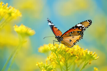 Obraz premium A Vibrant Danaus Chrysippus Butterfly Perched on a Cluster of Yellow Flowers Against a Soft Blue Sky in a Lush Tropical Garden on a Sunny Day