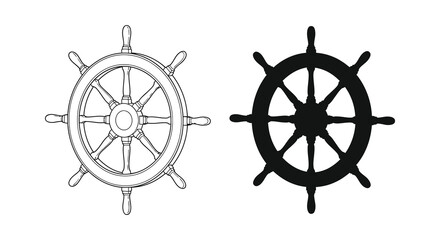 Two ship wheels are depicted in contrasting styles one detailed and the other a stark silhouette high quality professional modern elegant © Bsicon02