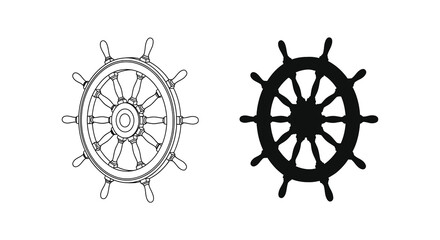 Obraz premium Two ship steering wheels are presented one outlined and the other a stark black silhouette high quality professional detailed modern elegant