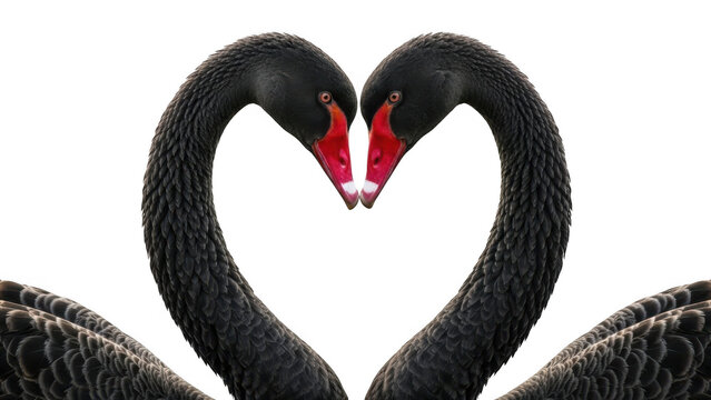 Two black swans forming a heart shape with their necks, isolated on transparent background