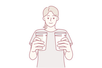 Woman with two glasses filled with cocktails wants to treat you and offers you drink. Girl stretches hands with mugs to screen, offering choice one of thirst-quenching lemonades. Flat vector design