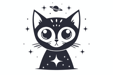Monochrome Cosmic Cat, Cute Black and White Feline, Planet, Stars, Celestial Design © Shipon