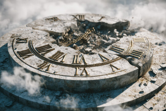 Ancient cracked stone sundial with weathered roman numerals and broken metal gnomon surrounded by mist on a circular pedestal in a surreal outdoor setting